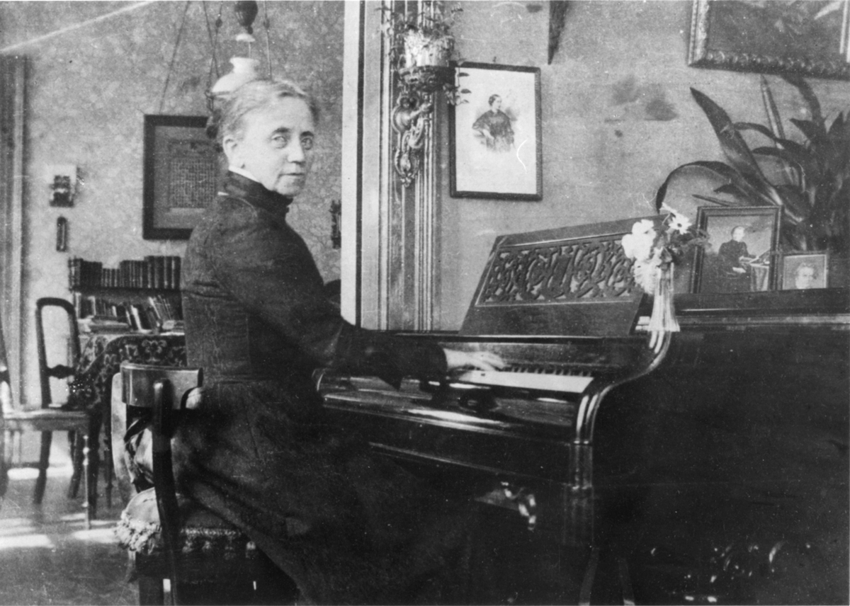 Bildet viser Fredrikke Hartmann ved pianoet. Trolig tatt i hennes hus.
Med på bildet er også portretter av (fra venstre) Clara Schumann, Agathe Backer Grøndahl og Ludwig van Beethoven.