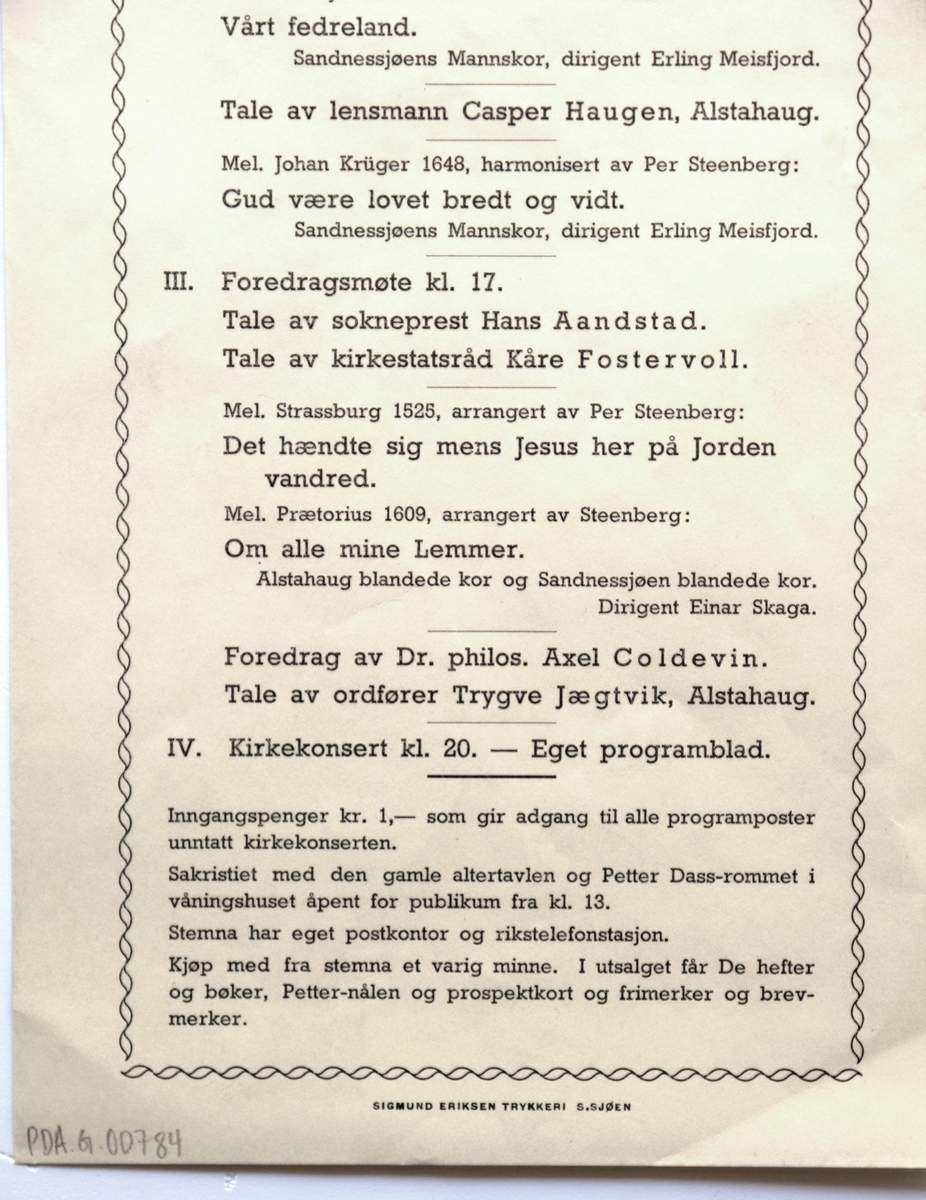 Papirark i avlangt format med programmet for jubileumsgudstjenesten i juli 1947, 300 år etter Petter Dass' død,