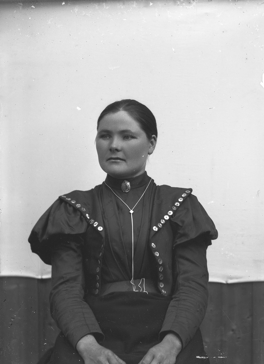 Portrett av dame m/jakke pyntet med knapper på slagene, langt tynt kjede.