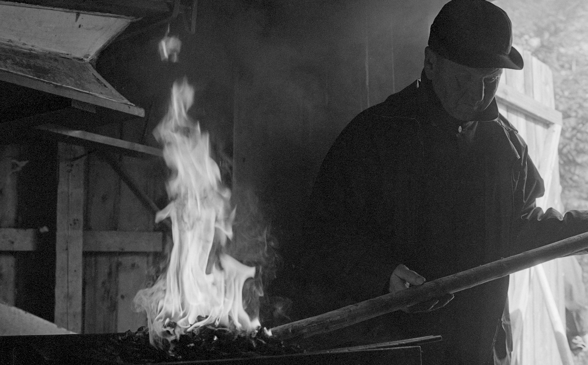 Harald Øren (1921-2000) fra Osen kvesser fløterhaker i smia ved fløtersenteret Sørlistøa ved Osensjøen i Åmot kommune, Hedmark. Øren er fotografert ved essa, der han hadde gjort opp varme. Øverst til venstre ser vi litt av belgen som ble brukt til å blåse oksygenrik luft inn i avlen. Her ble jernet i hakene varmet, slik at det ble mjukt og formbart. Deretter ble hakespissene hamret kvasse på en ambolt.