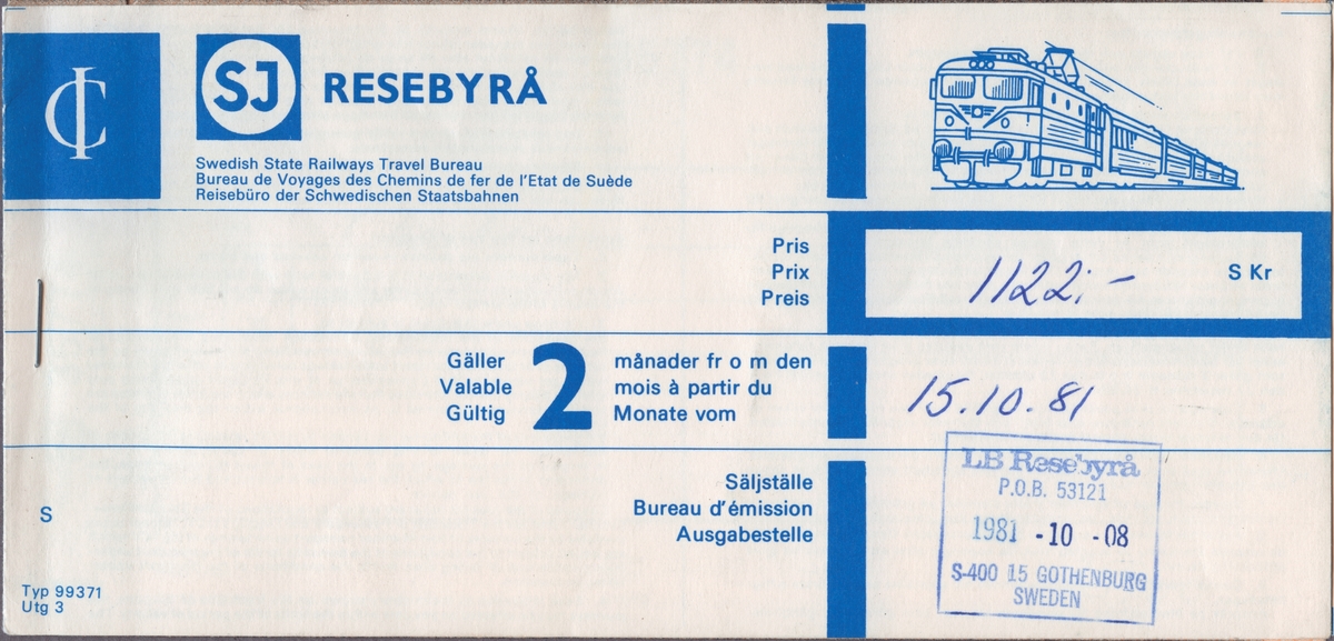 Tre biljetter i ett häfte från LB Resebyrå i Göteborg:
En biljett 1:a klass från Chartres via Paris till Kehl. Biljetten är stämplad: försäljningsställe LB Resebyrå 1981-10-08. Biljettens pris var 259 kronor.
En biljett 1:a klass från Kehl via Karlsruhe, Munchen, Bebra till Puttgarten. I övre delen till höger finns säljställets datumstämpel 1981-10-08. Biljettens pris är 690 kronor.
En biljett i 1:a klass från Puttgarten via Helsingborg till Göteborg. Biljetten är stämplad: LB Resebyrå 1981-10-08. Biljettens pris är 173 kronor med 45% rabatt för pensionär.

På baksidan finns information om att biljetter gäller i två månader från det handskrivna datumet 15.01.81. Resans totala kostnad är ihopräknad till 1122 kronor.
På baksidan finns reseinformation i blå text på franska och tyska. I ena hörnet är "Augsburg" handskrivet med kulspetspenna.