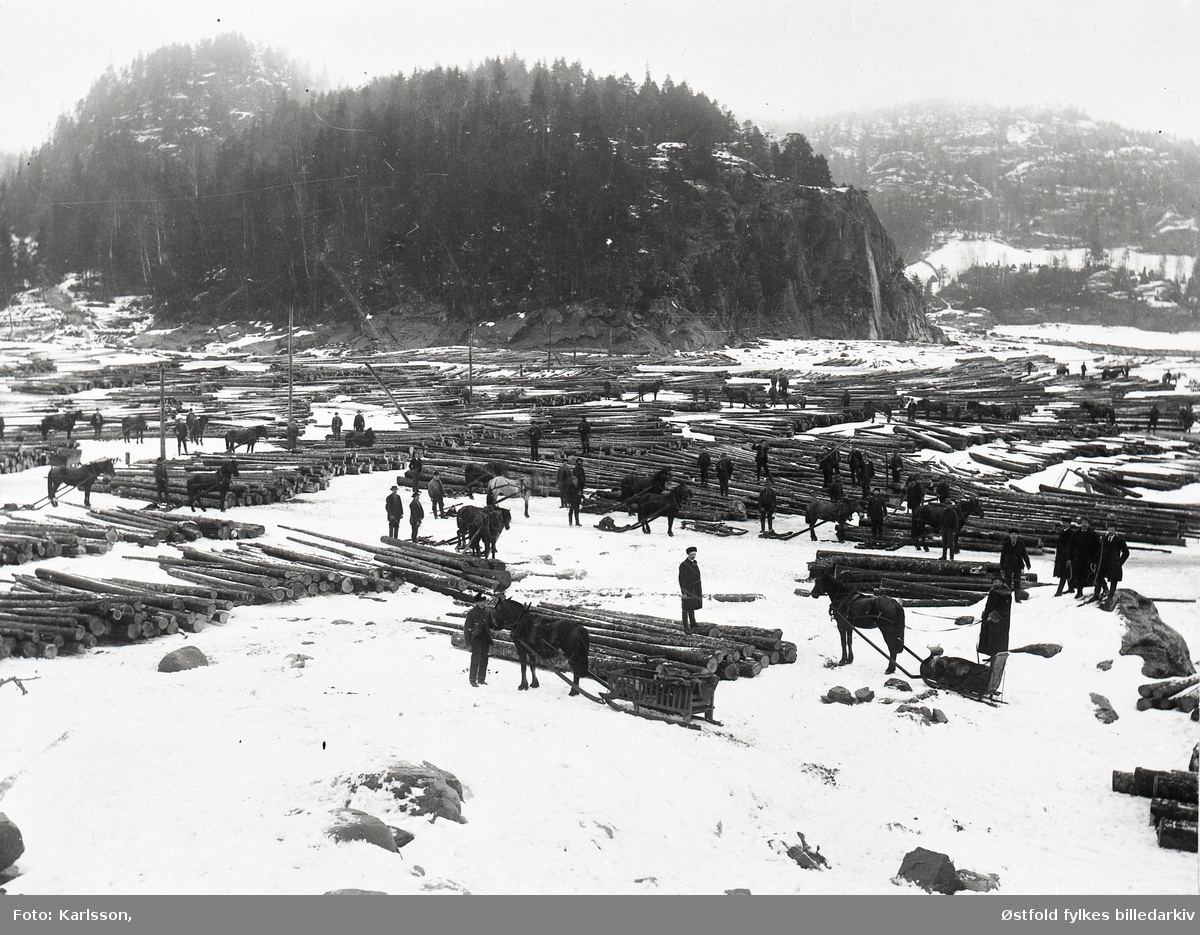 Tømmeropplag på Rambergevja i Tune. 
Oppsamling av tømmer fra Kjerringåsen og skogen ovenfor Ramberg og helt opp til Svinndal. Tømmeret ble frakten med hest ned på isen. Når isen smeltet på våren ble tømmeret fløtet ned til Solli-bruket.