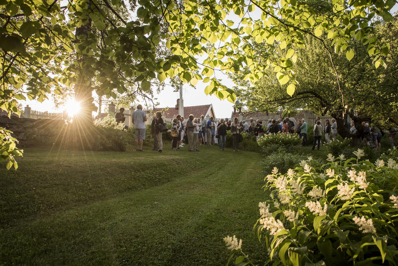 Mange mennesker samlet på en plen på amtmannsgården Stenberg, med sollys bakfra. Bildet er omkranset av løv fra store trær.