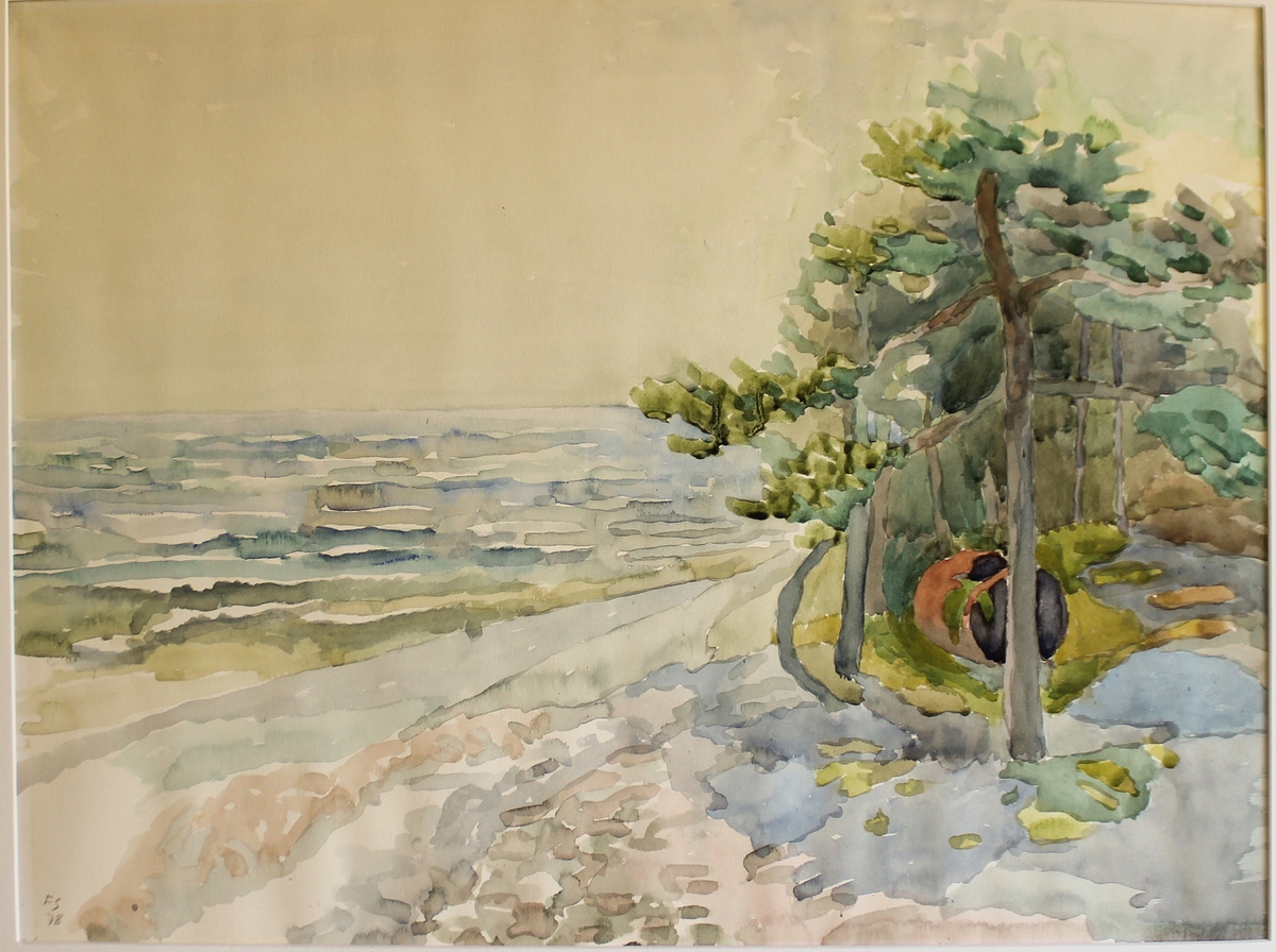 Plåttunna i strandskog [Målning]