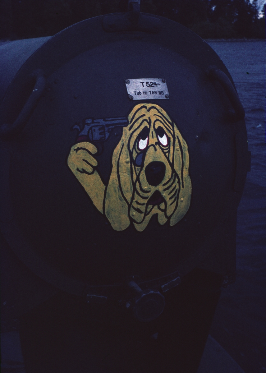 Bilden visar målning av en hund som skjuter sig i huvudet med en pistol som utsmyckning till en torpedtub ombord på T 52.
