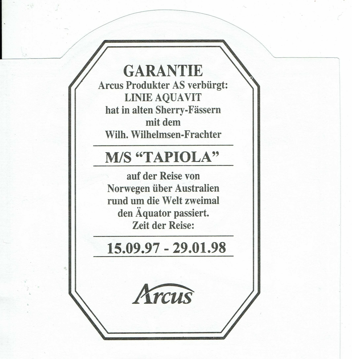 Lysholm Linie Aquavit. 1998. Arcus Produkter AS. Forside- og baksideetikett. Med tysk markedsføring. 

