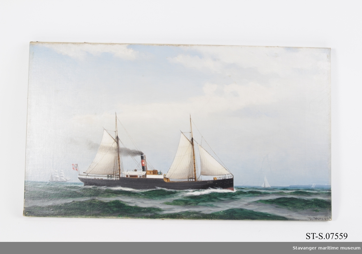 Motiv av en skonnert med to master og en rykende damppipe. Bak på skipet er unionsflagget fra 1844 heist.