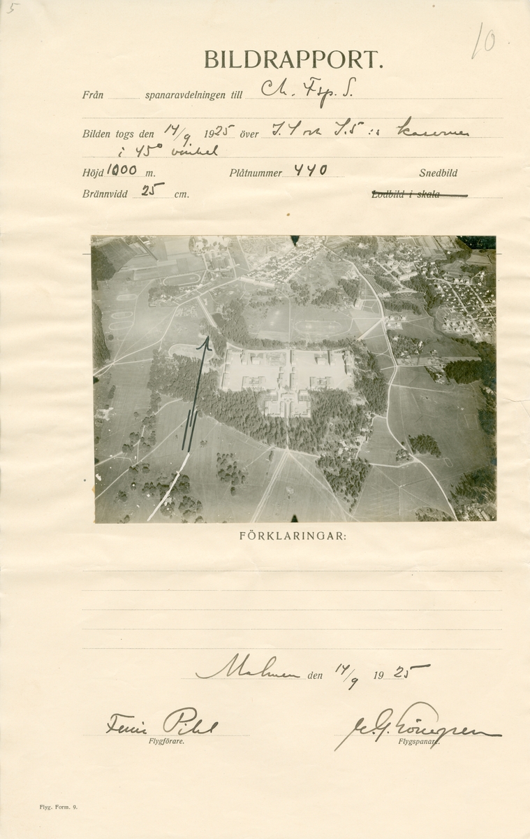 Flygfotografi av kasern för I 4 och I 5 i Linköping från 1000 meters höjd i 45 graders vinkel den 14 september 1925. Foto påklistrad på bildrapport från spaning vid flygspanarskolan på Malmen.