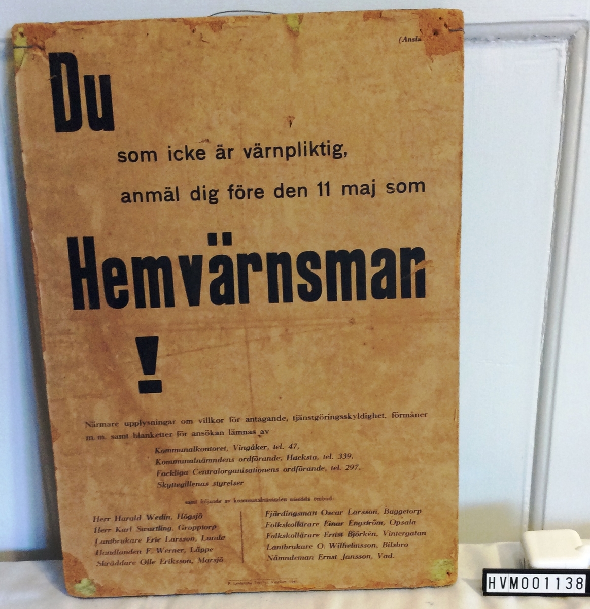 Affisch "Vingåker Hemvärn 1940"