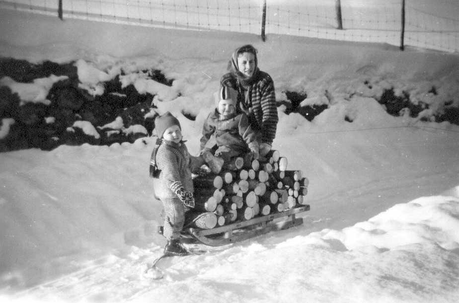 Vedkjøring 1956. Torbjørg Løken med barna Britt Randi og Jens Tore. Ø62. 