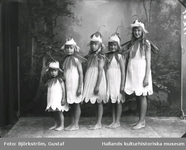 Ateljefoto av fem flickor utklädda till blåklockor. Bildbeställare: fru Lind, Daligatan 5, Borås.