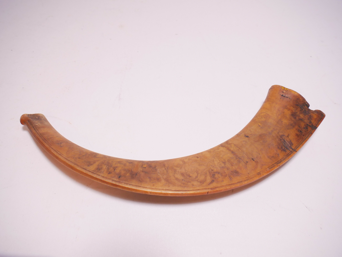 Form: Horn med 2 hol. Pussa og dekorert med rankeornament (innskore). 