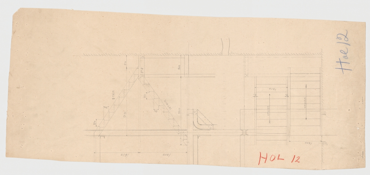 Tegning, bygningstegning, A/S Klevfos Cellulose- & Papirfabrik. Trapper i silhus (informasjon fra vedhengt lapp). Det er også tegning på baksiden.