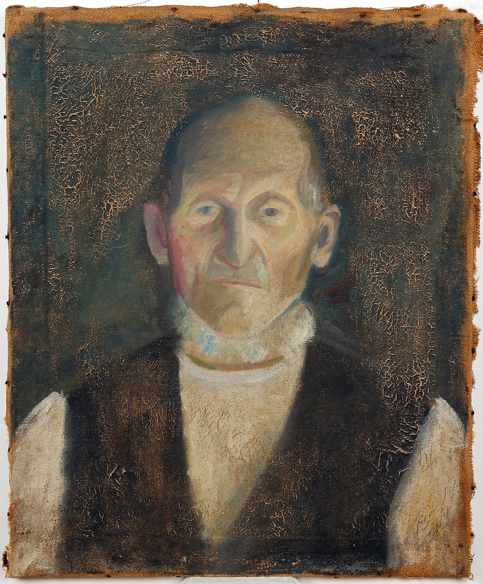 Portrett av Ole Amunds i Leiret (Elverum). Brystbilde en face, hvitt skjegg, lite hår, kledd i hvit skjorte og svart vest.  