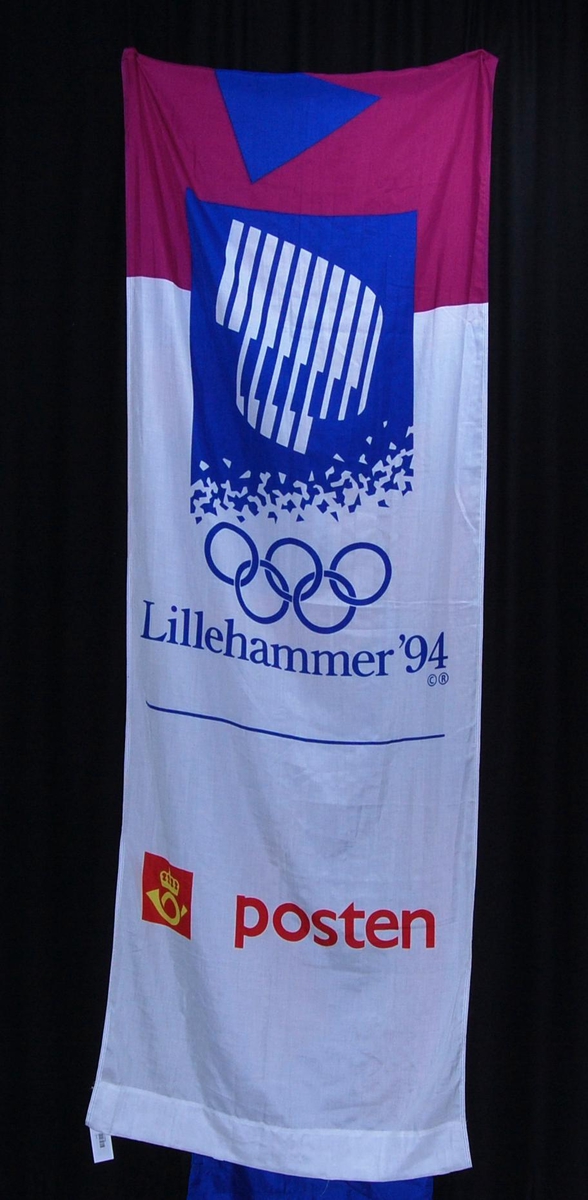 Flerfarget banner med logo for de olympiske leker på Lillehammer i 1994 og Posten. 