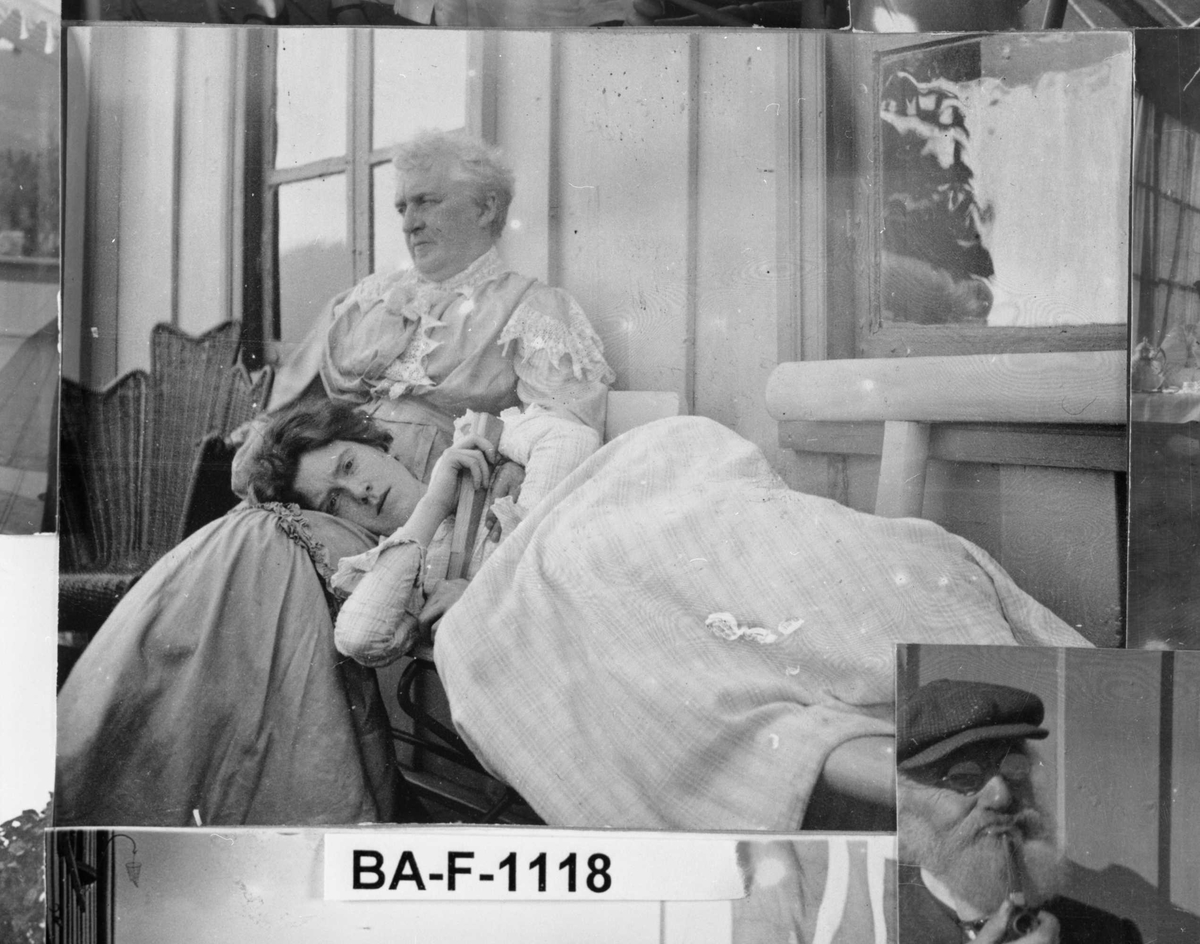 Fotomontasje i svart/hvitt rammet inn med glass og enkel trelist. Amatørbilder.