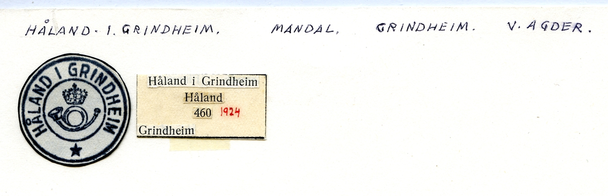 Stempelkatalog. Håland i Grindheim. Mandal postkontor. Grindheim kommune. Vest-Agder fylke.