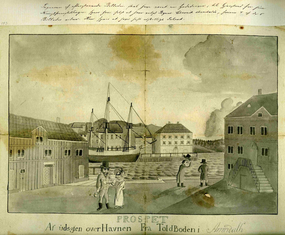 Prospekt av utsikten over havnen fra Tolboden i Arendal. 
Orginal tegning 
