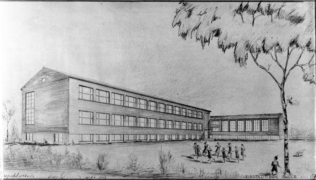 Avfotografert tegning av skole med barn utenfor. ”Perspektivskisse av Finstad – Bøn skole 1947.”