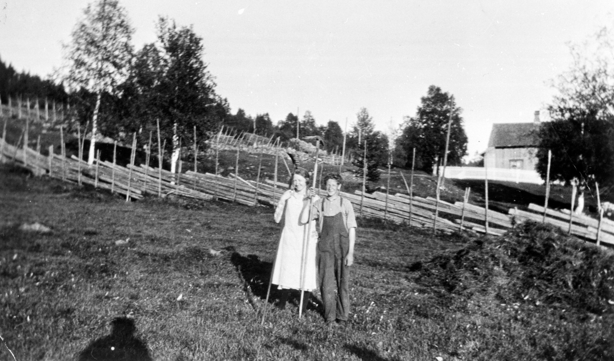 Høyonn med river, Sveinhaug, Furnes, Ringsaker. Eli Frydenlund (1903-1994), Erling Svenhaug (1912-1983). Fotografert på Svenhaug (Gnr 721, Bnr 14) under Vestre Høsbjør i 1927.