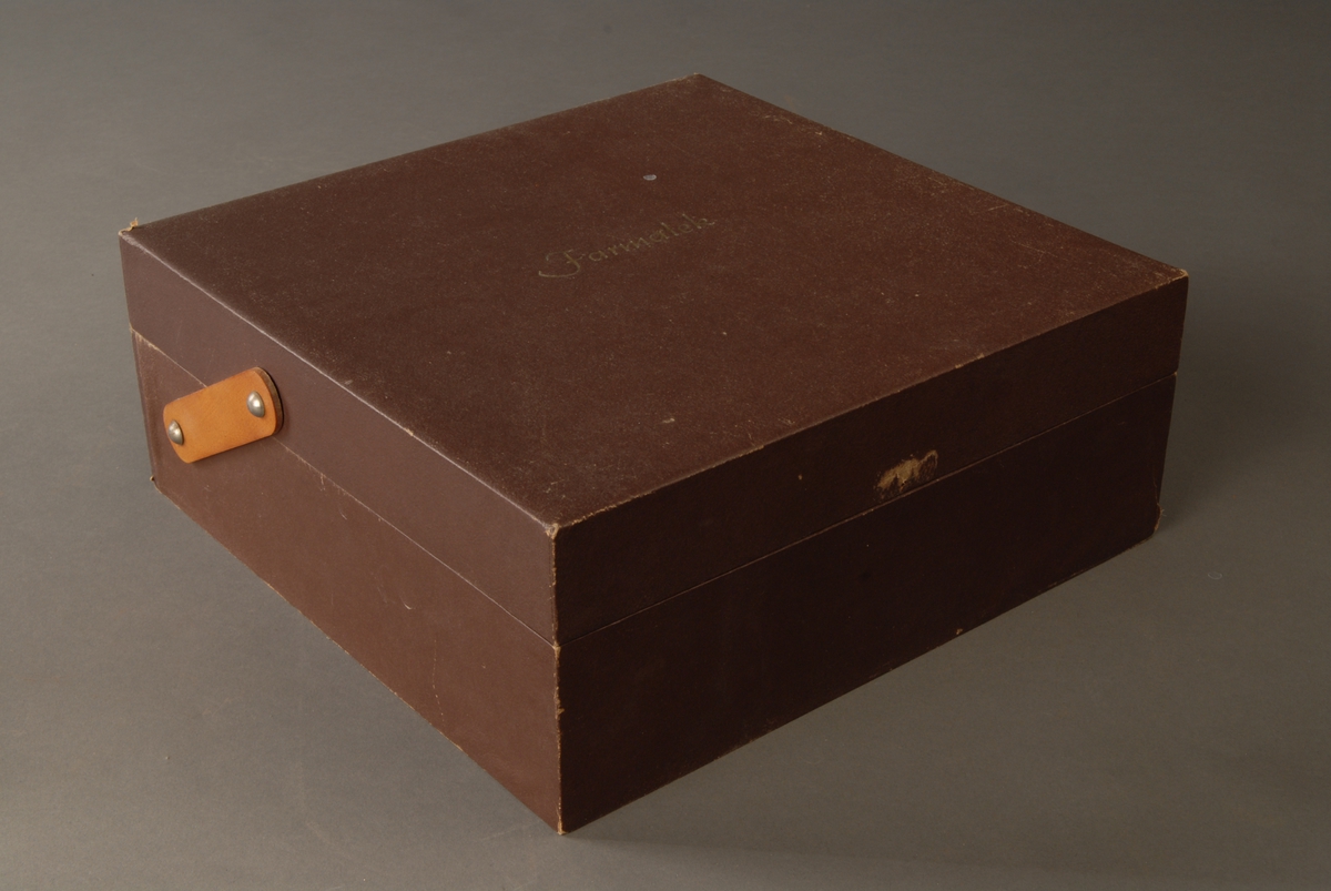 Brun kvadratisk kasse med kartotekkort, alfabetisk ordnet i to avdelinger: Medikamenter og  behandlingsindikasjoner.