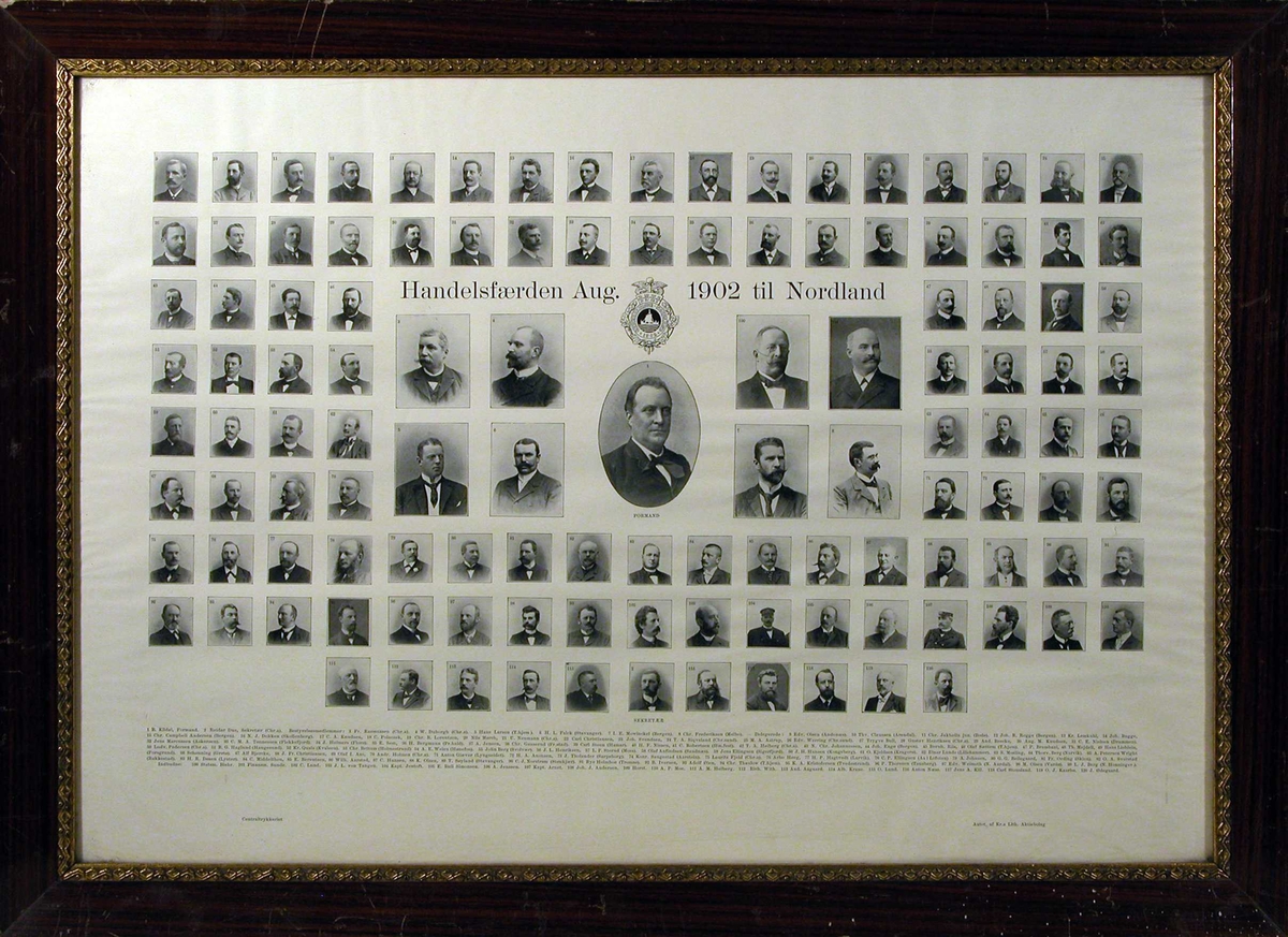 120 portretter (s/h fotografier) av deltagere ved Handelsferden til Nordland 1902.
