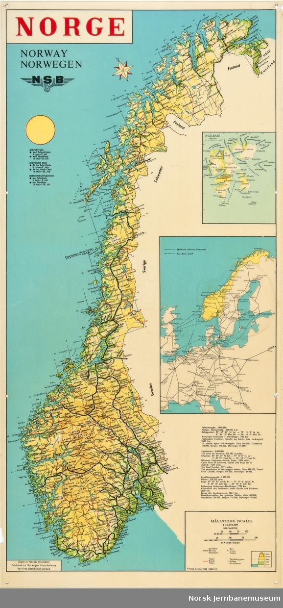 Kart over Norge med alle jernbanestrekninger - Trykt hos Finstad Grafisk