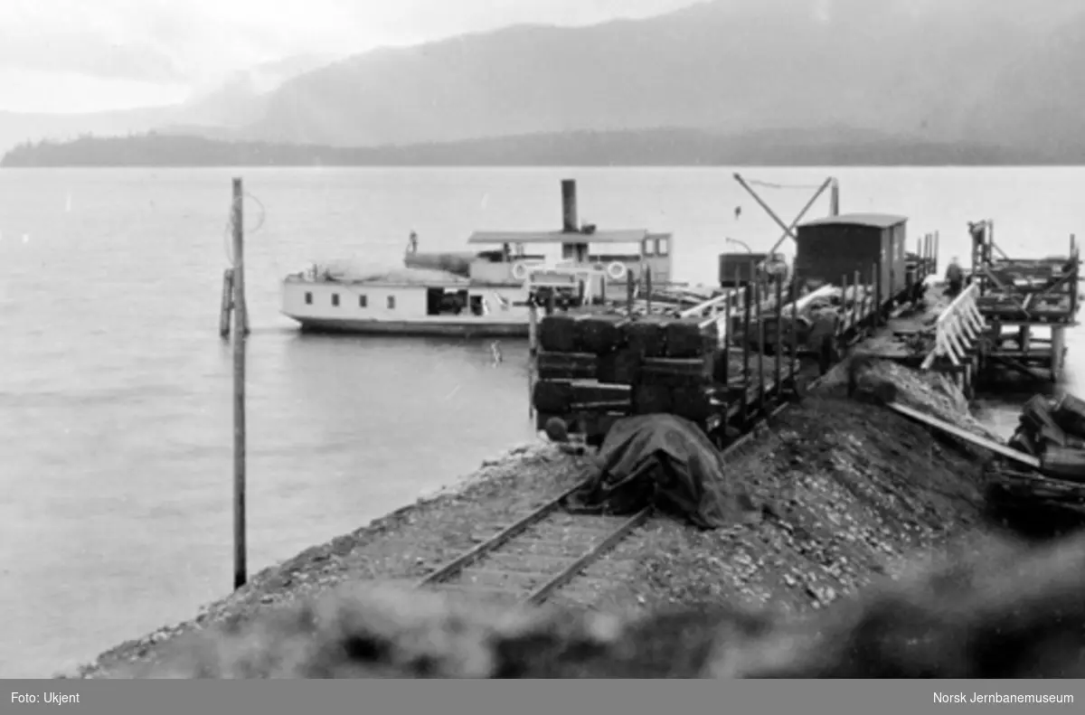 Dampskipsbrygge for Sperillen stasjon med godsvogner på brygga og dampbåt liggende inntil