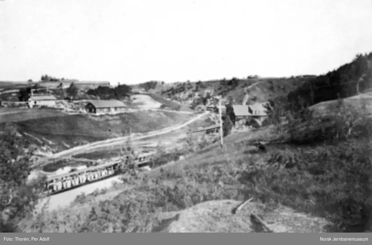 Parti fra Tyristrand med jernbanen på pælebru; et sagbruk i bakgrunnen