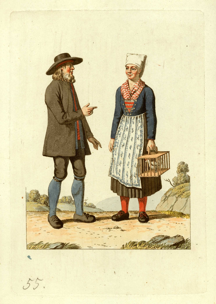 Mann og kone i folkedrakter fra Etne, Hordaland, hun  med et bur med fugl i hånden.