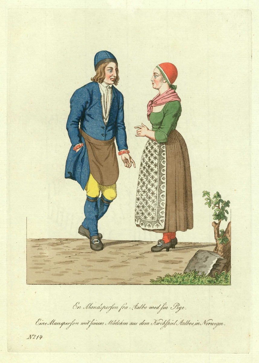 Mann og kvinne (jente) i folkedrakter fra Holtålen (Ålen), Sør-Trøndelag, han med en hånd i lommen.