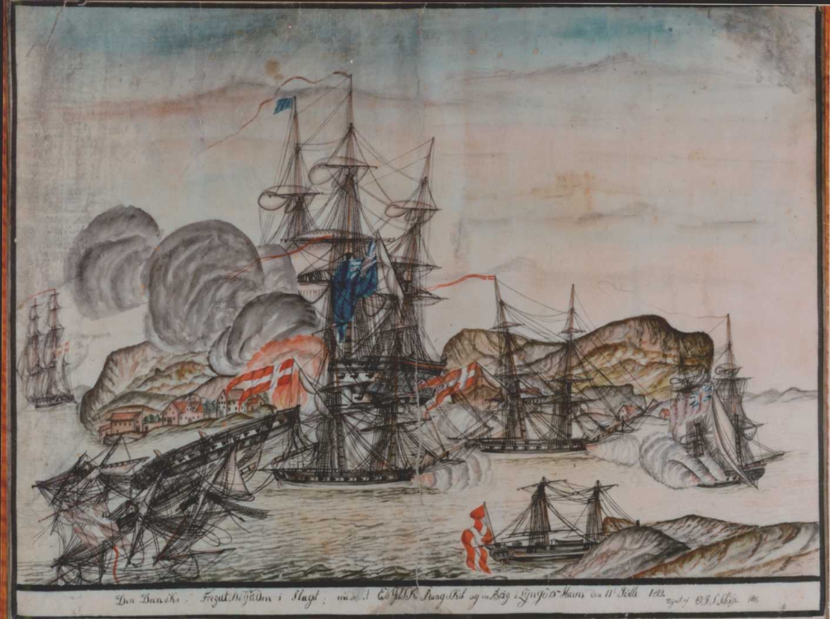 Sjøslaget i Lyngørs havn 6. juli 1812. Kampen omfattet det engelske linjeskipet Dictator og briggen Calypso. De danske-norske skip var, foruten Najaden, briggene Samsøe, Lolland og Kiel. Det sjette skip som sees var et Koffardiskip som lå i havnen. Najaden ble ødelagt.