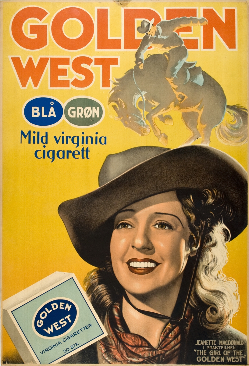 Reklameplakat for Golden west med portrettbilde av Jeanette Macdonald.