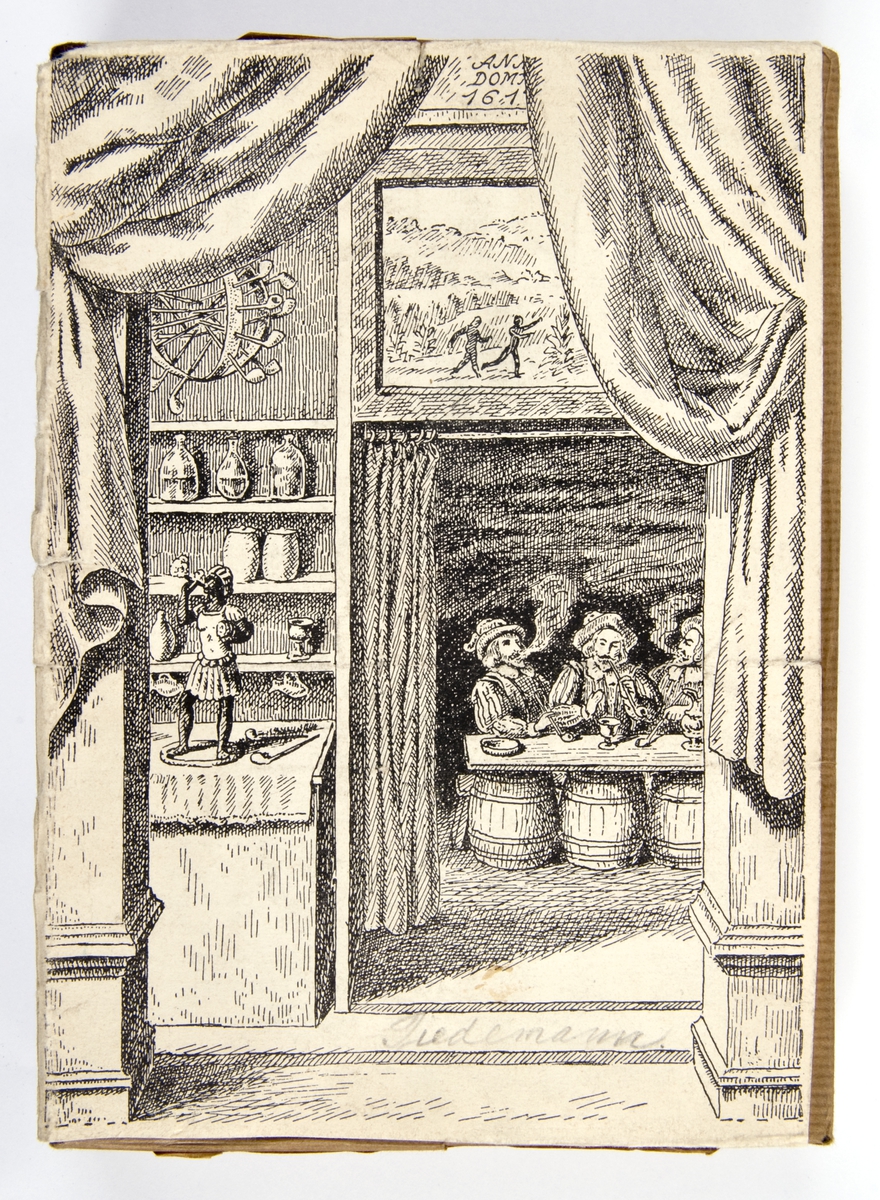 Klisje i innpakningspapir med svart-hvitt-trykk av motivet på omslaget. Illustrerer en tobakksbutikk og tre røkende menn.