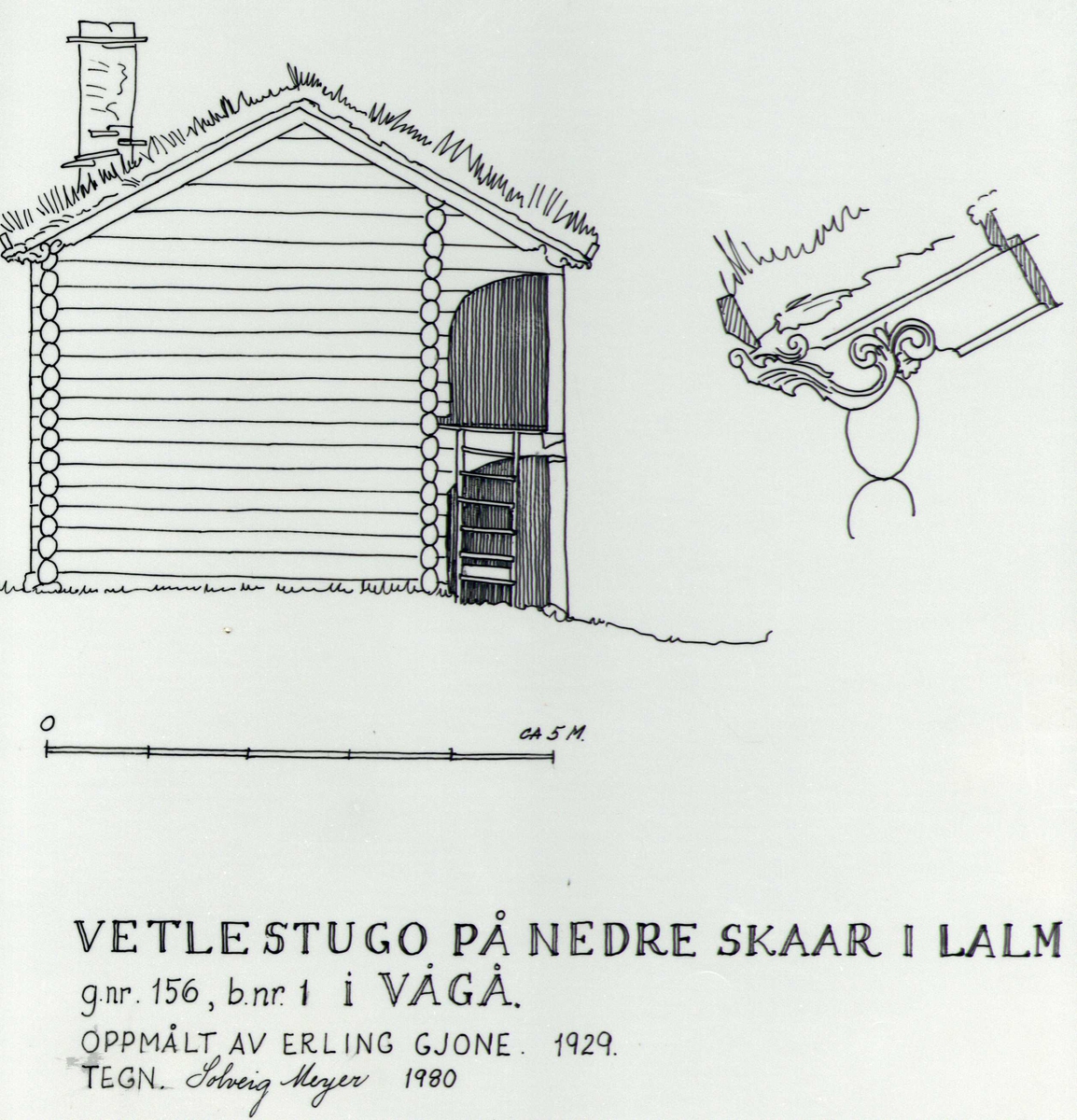 Solveig Meyers tegning (1980)  av stue  Nedre Skår, Lalm, Vågå, Oppland. Etter oppmålinger fra Erling Gjone 1929.