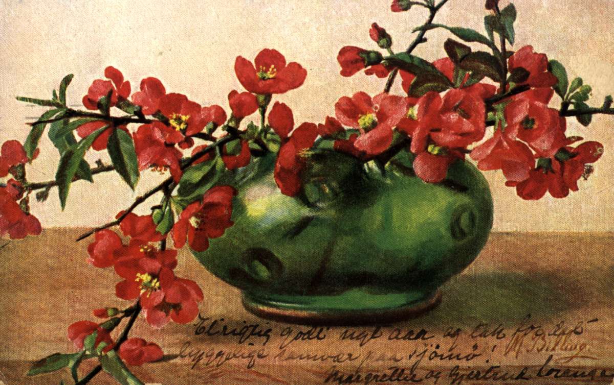 Postkort. Nyttårshilsen. En bukett røde blomster i en grønn vase. Stemplet 29.12.1905.