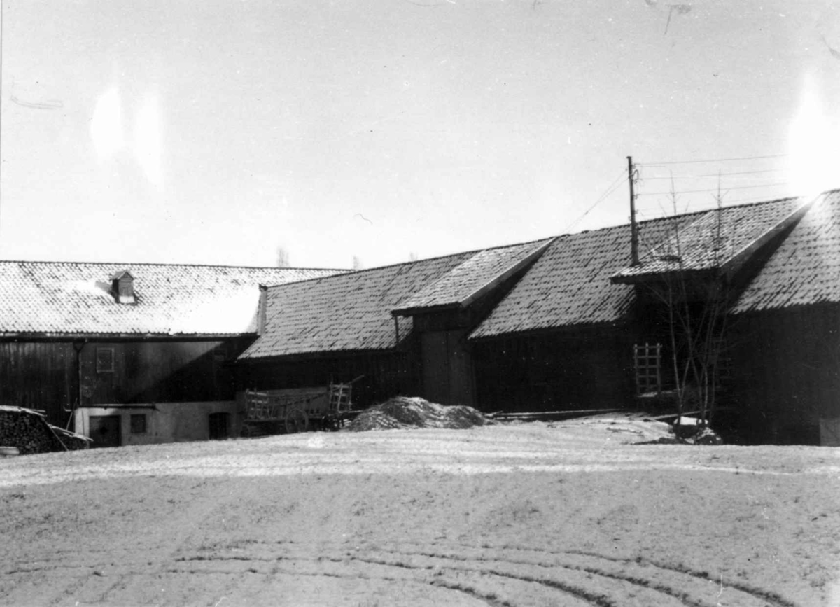 Blindern gård, Oslo 1953. Uthus og gårdsplass, vinterbilde. Dr. Engelstads storgårdsundersøkelser.