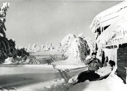 Avfotografert postkort. To skiløpere i hytteveggen i snødekt