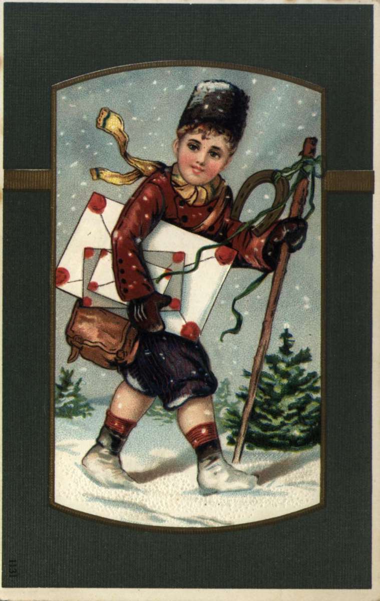 Postkort. Jule- og nyttårshilsen. Vintermotiv. Gutt med vandringsstav med hestesko bære på pakker. Datert julen 1908.