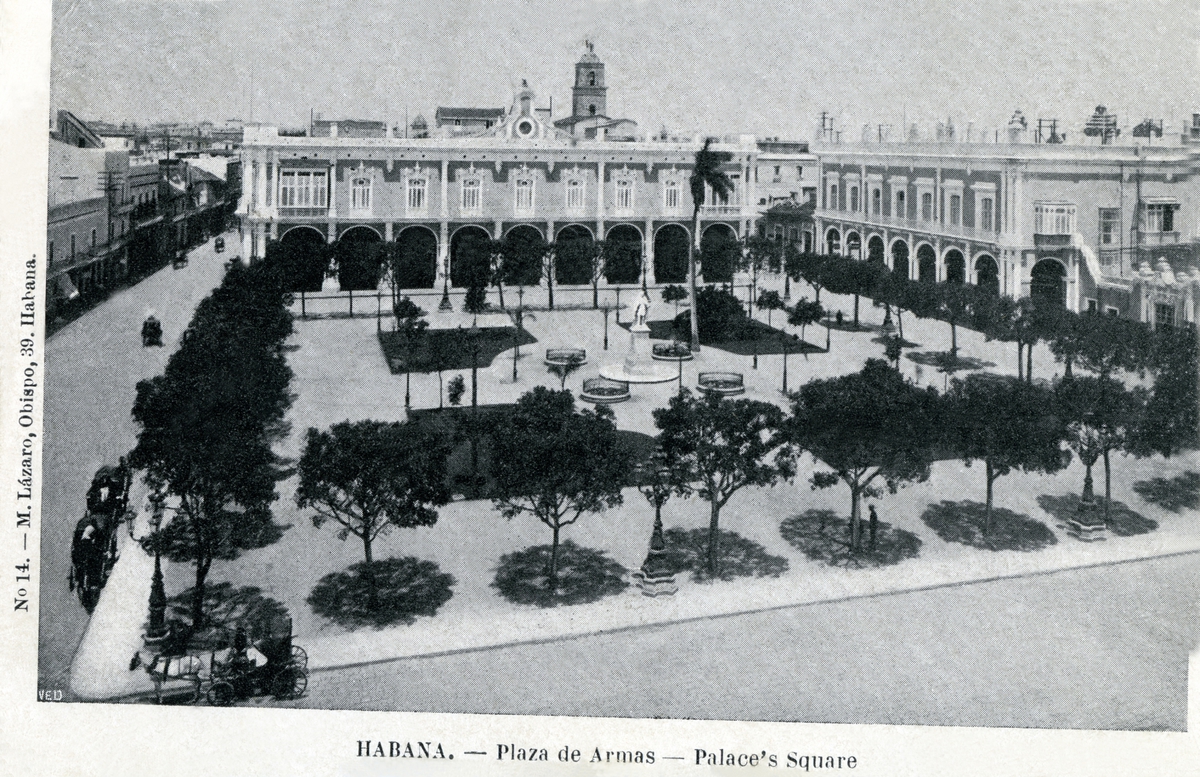 Postkort. Hilsen. Fotografisk motiv. Svart/hvitt. Fra Havana, Cuba: Palace's Square.  Plass omgitt av flotte bygninger. Stemplet 20.04.1906.