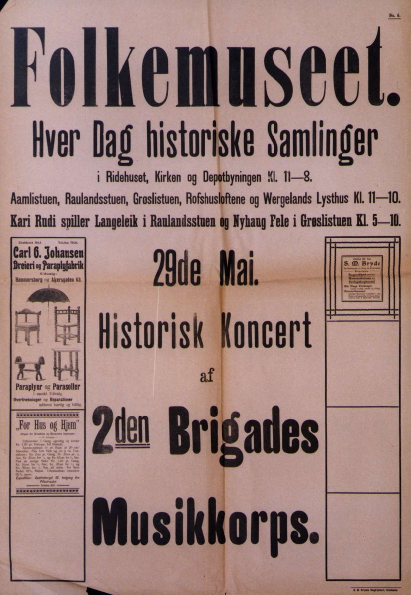 Plakat. Utstillinger og historisk konsert på Norsk Folkemuseum i 1904.