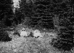 Karen og Gudrun Q. Wiborg med hunden Freya sitter i gresset,