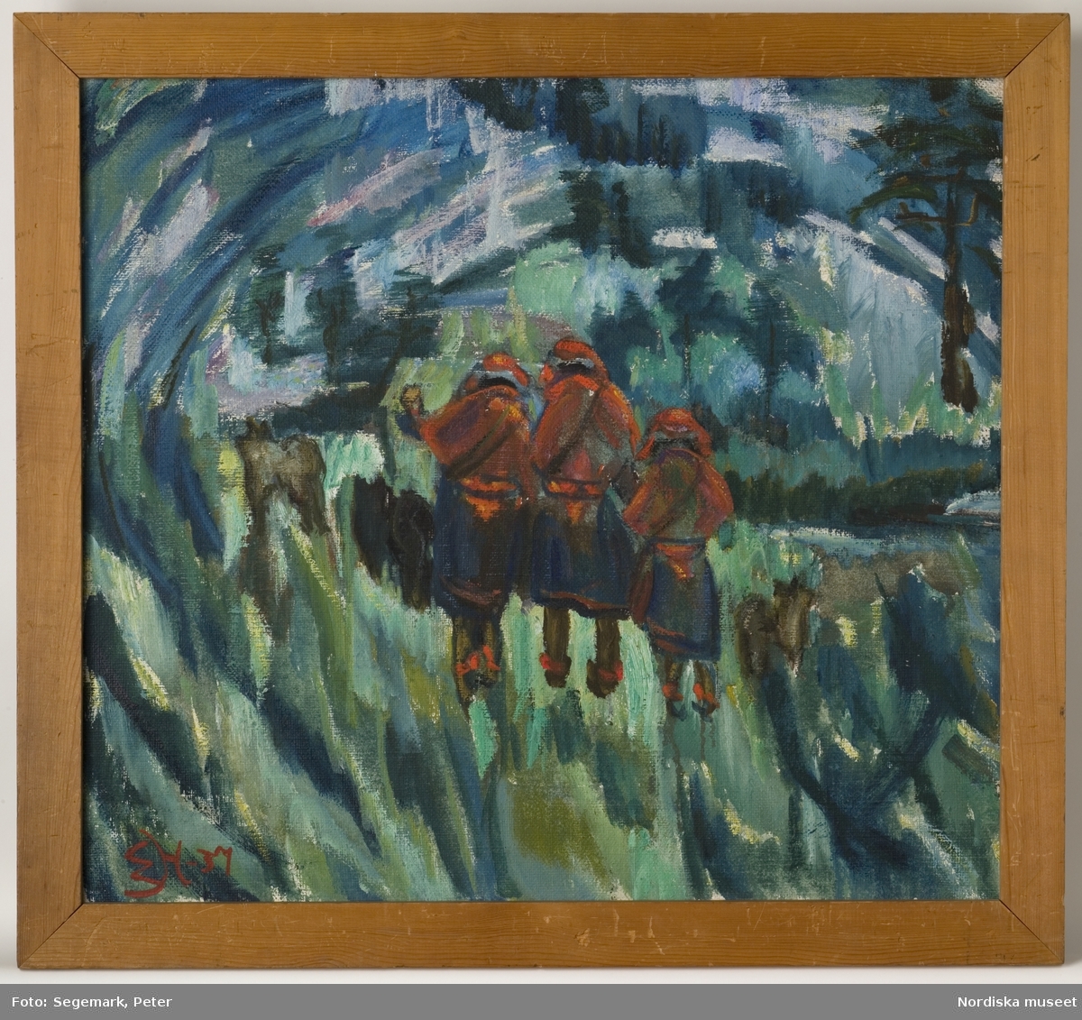Målning av Emilie Demant Hatt, inv.nr NM.0246105. Landskap med tre samiska flickor och hundar.