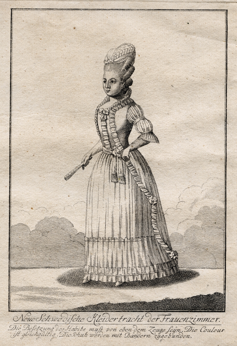 Gustaf III:s nationella dräkt. "Neue Schwedische Kleidertracht der Frauenzimmer." Dam i svenska dräkten. Gravyr av okänd kostnär, trol. ca 1780.