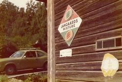 En bil kjører forbi et hus med reklameskilt på fasaden.