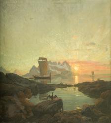 Nordlandsjekt i midnattsol [Oljemaleri]