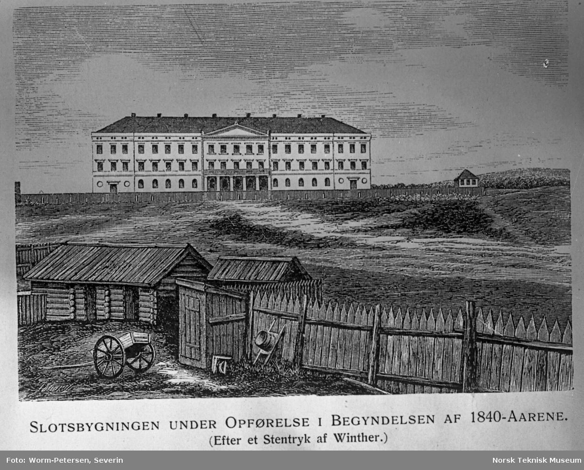 Tegning: Slottet under oppførelse i begynnelsen av 1840-årene