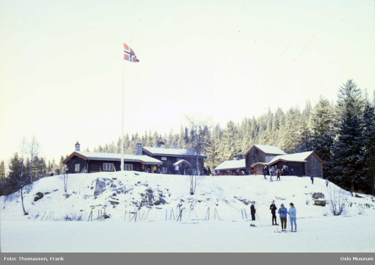kulturlandskap, snø, hytte, flagg, skiløpere, skog