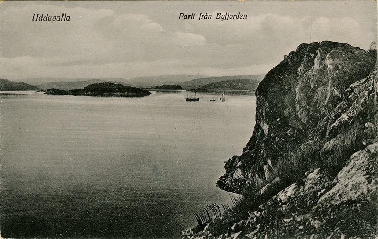Tryckt text på vykortets framsida: "Uddevalla Parti från Byfjorden."
