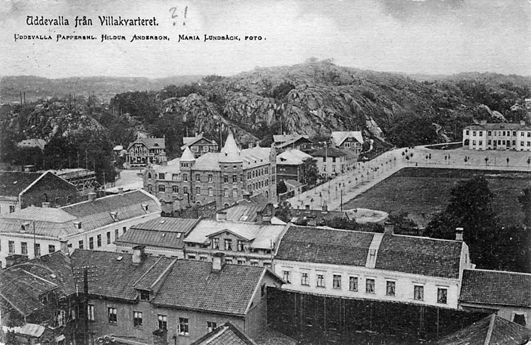 Tryckt text på vykortets framsida: "Uddevalla från Villakvarteret."